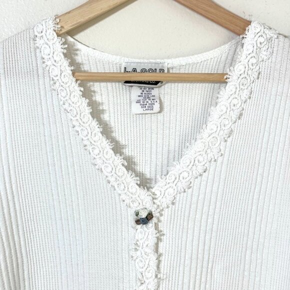 Vtg 90s Sweater Vest Sz L Lace Flowers Ribbed Embellished Grannycore Cottagecore - Picture 2 of 11